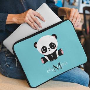 Monogram Cute Panda Aangepast gebubbel Blauw Laptop Sleeve