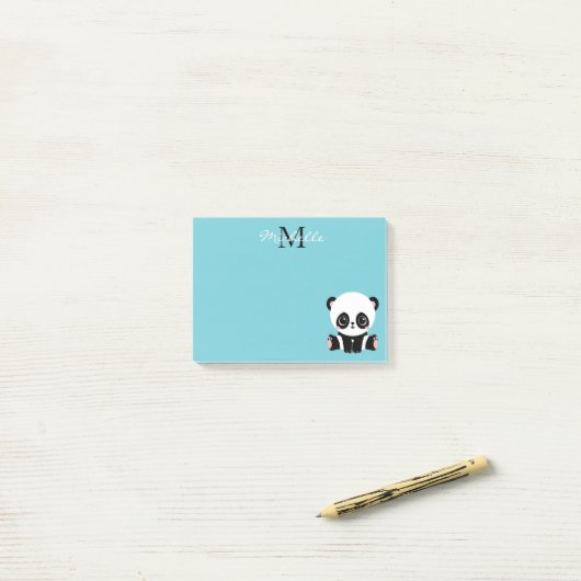 Monogram Cute Panda Aangepast gebubbel Blauw Post-it® Notes (Op bureau)