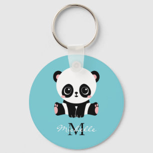 Monogram Cute Panda Aangepast gebubbel Blauw Sleutelhanger
