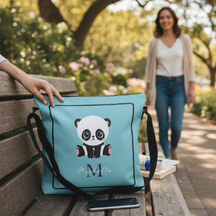 Monogram Cute Panda Blue Persoonlijke naam Crossbody Tas