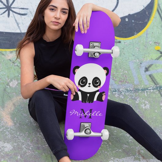 Monogram Cute Panda Gepersonaliseerd Paars Skateboard