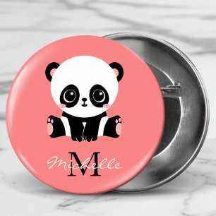 Monogram Cute Panda Gepersonaliseerd Roze Ronde Button 5,7 Cm