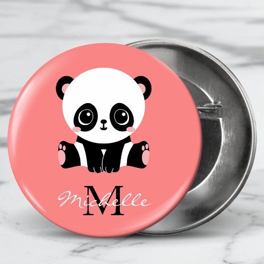 Monogram Cute Panda Gepersonaliseerd Roze Ronde Button 5,7 Cm