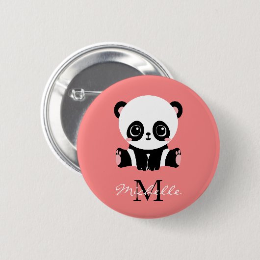 Monogram Cute Panda Gepersonaliseerd Roze Ronde Button 5,7 Cm (Voorkant /achterkant)