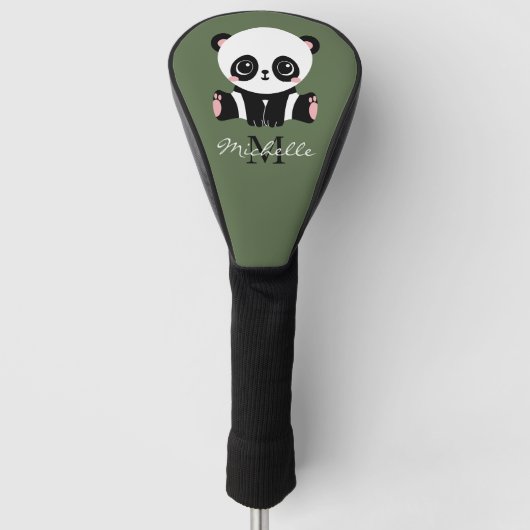 Monogram Cute Panda Persoonlijke naam Groen Golfheadcover (Voorkant)