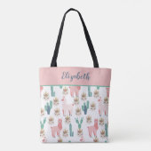 Monogram Cute Pink Llama's Green Cactus Canvas tas (Achterkant)