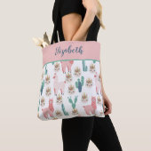 Monogram Cute Pink Llama's Green Cactus Canvas tas (Dichtbij)