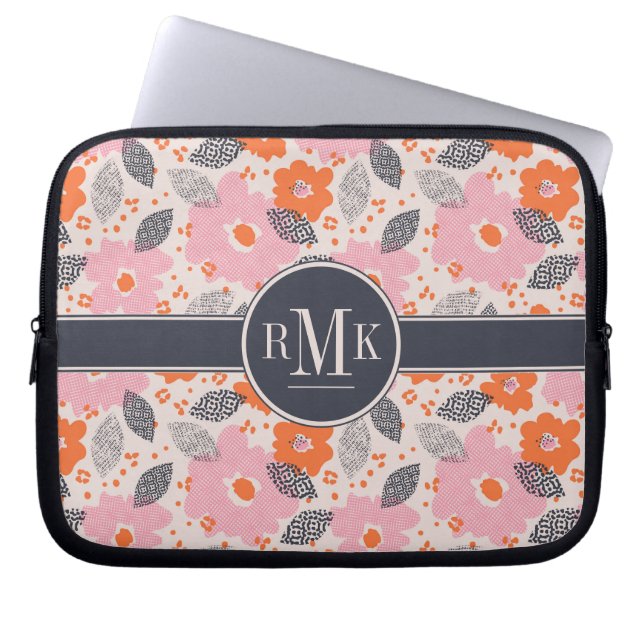 Monogram | Cute Retro Floral Pattern Laptop Sleeve (Voorkant)