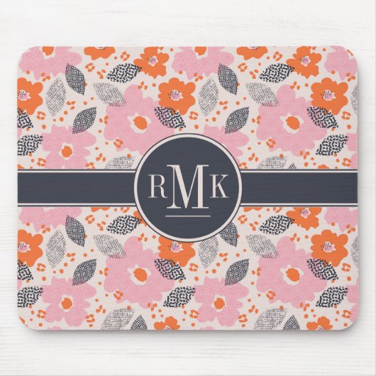 Monogram | Cute Retro Floral Pattern Muismat (Voorkant)
