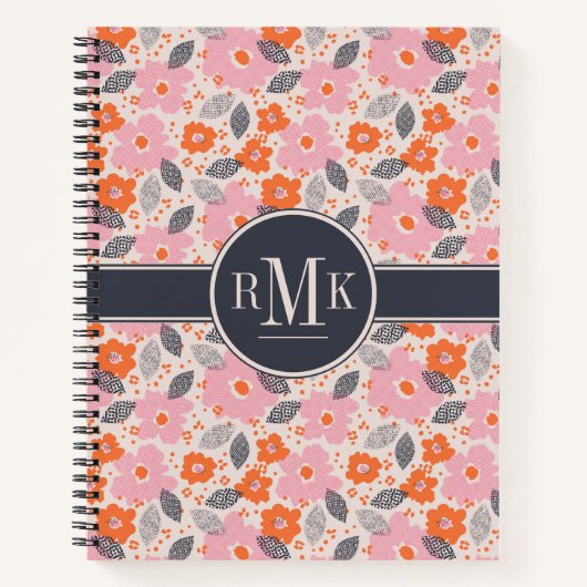 Monogram | Cute Retro Floral Pattern Notitieboek (Voorkant)
