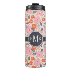 Monogram   Cute Retro Floral Pattern Thermosbeker
