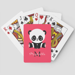 Monogram Cute Sitting Panda Gepersonaliseerd Roze Pokerkaarten