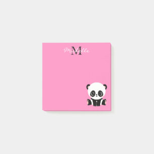 Monogram Cute Sitting Panda Gepersonaliseerd Roze Post-it® Notes