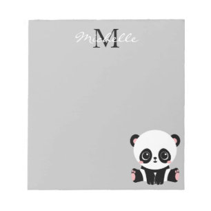 Monogram Cute Sitting Panda Persoonlijk Zilver Notitieblok