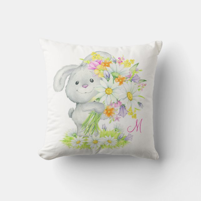 Monogram Cute Waterverf Floral Bunny Rabbit Kussen (Voorkant)