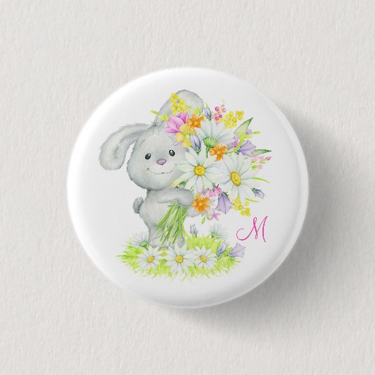 Monogram Cute Waterverf Floral Bunny Rabbit Ronde Button 3,2 Cm (Voorkant)