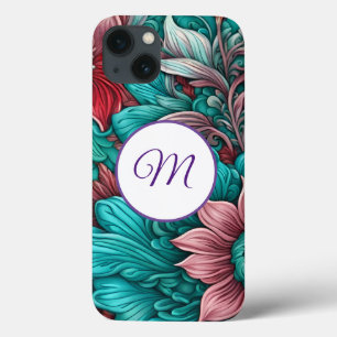 Monogram, cyaan blauw, rood, grillige bloemen iPhone 13 hoesje