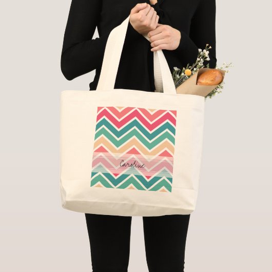 Monogram Cyaan Peach Reds Geometric Chevron Patter Grote Tote Bag (Voorkant (product))