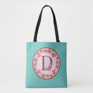 Monogram D Letter met Peony Flower Afbeelding Canv Draagtas