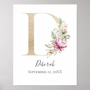 Monogram D Roze witte Floral Gold Letter Neursery Poster