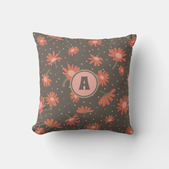 Monogram Daisies Coral Pink Brown Pattern Kussen (Voorkant)