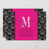 Monogram damascenering hete roze save-the-date save the date (Voorkant / Achterkant)