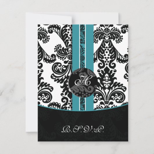 monogram damask aqua rsvp cards kaartje (Voorkant)
