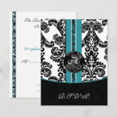 monogram damask aqua rsvp cards kaartje (Voorkant / Achterkant)