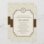 Monogram Damask Baptism/Christening Invite - Bruin Kaart (Voorkant / Achterkant)