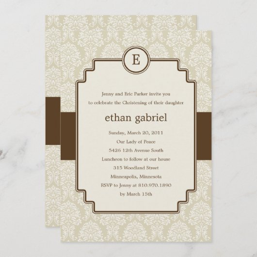 Monogram Damask Baptism/Christening Invite - Bruin Kaart (Voorkant / Achterkant)