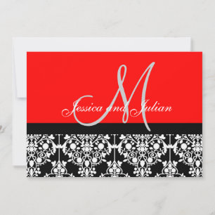 Monogram Damask Black en Red Invitation Kaart