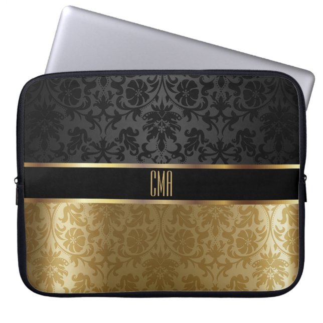 Monogram Damask Black met Gold Floral Laptop Sleeve (Voorkant)
