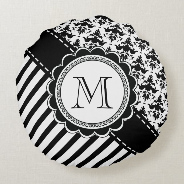 Monogram Damask en Stripes Rond Kussen (Achterkant)