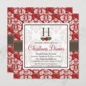 Monogram Damask Holly Berry kerstdiner Invit Kaart (Voorkant / Achterkant)