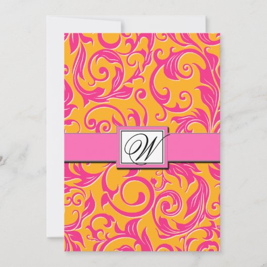 Monogram Damask Oranje & Roze bruiloft Uitnodiging (Voorkant)