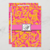 Monogram Damask Oranje & Roze bruiloft Uitnodiging (Voorkant / Achterkant)