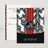 Monogram Damask Red RSVP-kaarten RSVP Kaartje (Voorkant / Achterkant)