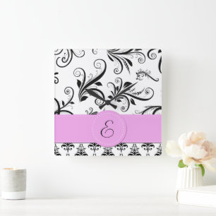 Monogram - Damask, siervoorwerpen, Swirls - Black  Vierkante Klok