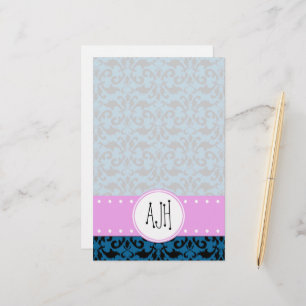 Monogram - Damask, siervoorwerpen, Swirls - Blauw  Briefpapier