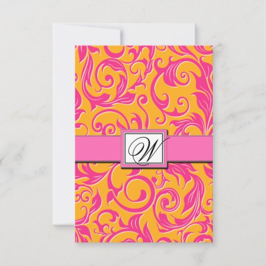 Monogram Damask Sinaasappel & Roze bruiloft RSVP-k RSVP Kaartje (Voorkant)