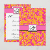 Monogram Damask Sinaasappel & Roze bruiloft RSVP-k RSVP Kaartje (Voorkant / Achterkant)