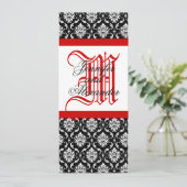Monogram Damask Wedding Invitation Red & Black Kaart (Staand voorkant)