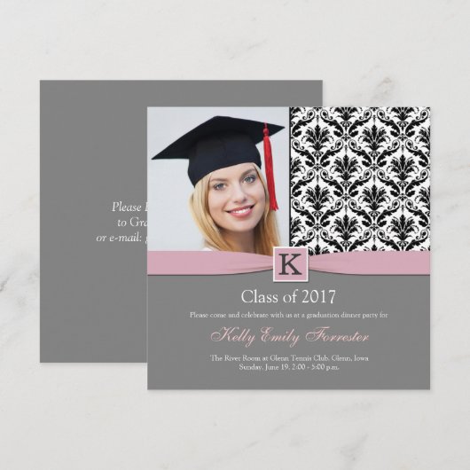 Monogram Damask zwarte witte GraduPartij Kaart (Voorkant / Achterkant)