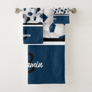 Monogram Dark Blue Black Voetbal Pattern Bad Handdoek