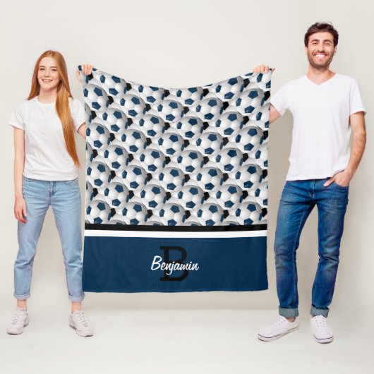 Monogram Dark Blue Black Voetbal Pattern Fleece Deken (In situ)
