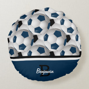 Monogram Dark Blue Black Voetbal Pattern Rond Kussen