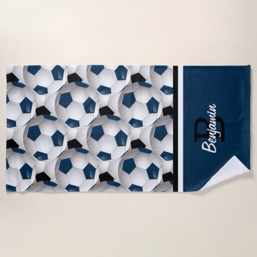 Monogram Dark Blue Black Voetbal Pattern Strandlaken (Voorkant)