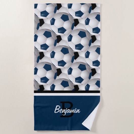 Monogram Dark Blue Black Voetbal Pattern Strandlaken (Voorkant)