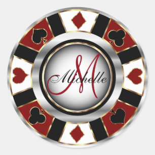 Monogram Dark Red Casino Poker Chip Design Ronde Sticker