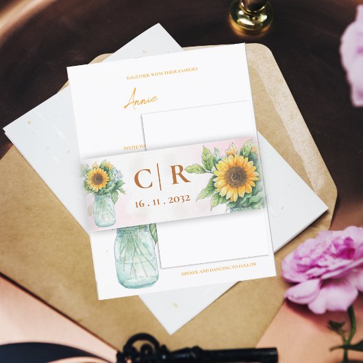 Monogram & Date  Sunflower Mason Jar Wedding    Uitnodigingen Wikkel